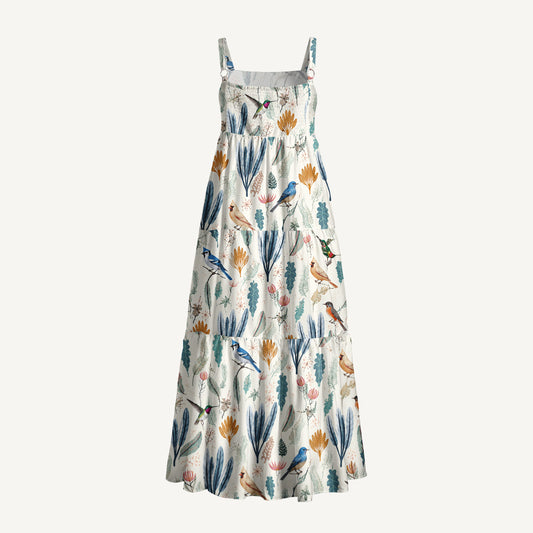 Romantic Nature Birds Print Wide Straps Maxi Dress With Pockets