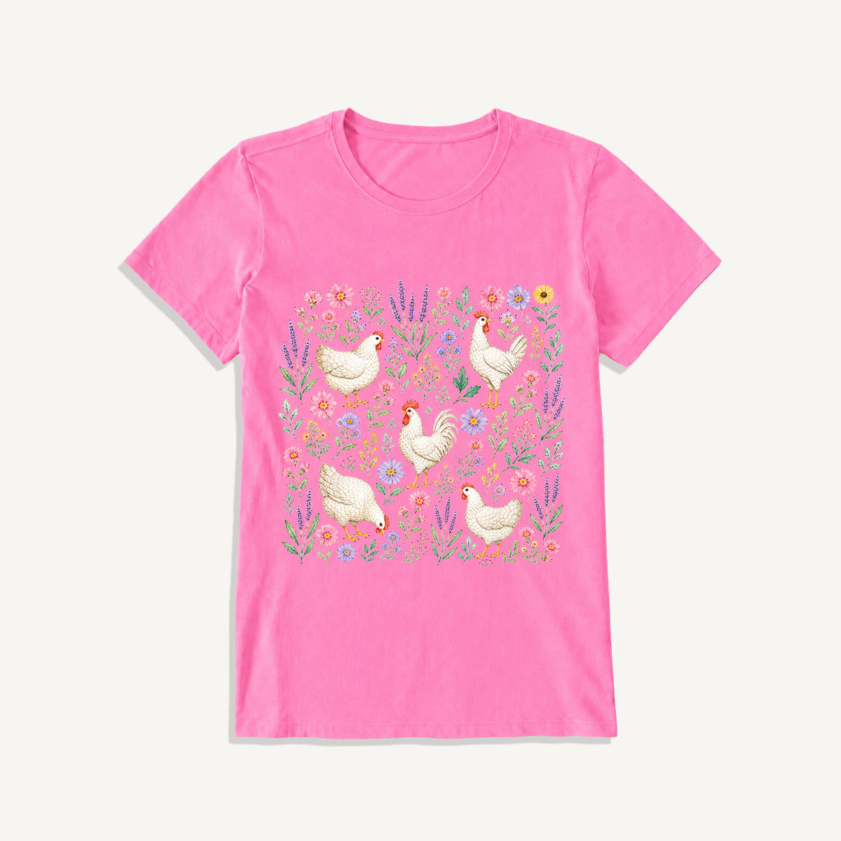Blooming White Chicken Meadow Print Crew Neck Cotton Tee
