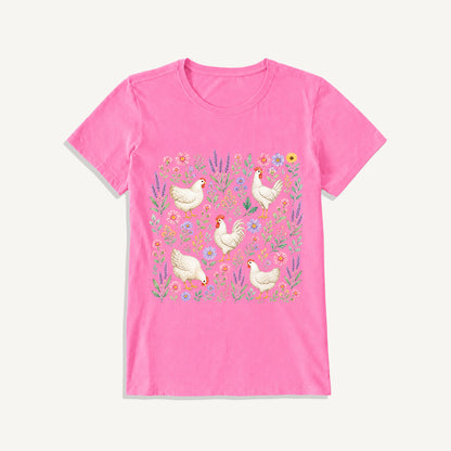 Blooming White Chicken Meadow Print Crew Neck Cotton Tee