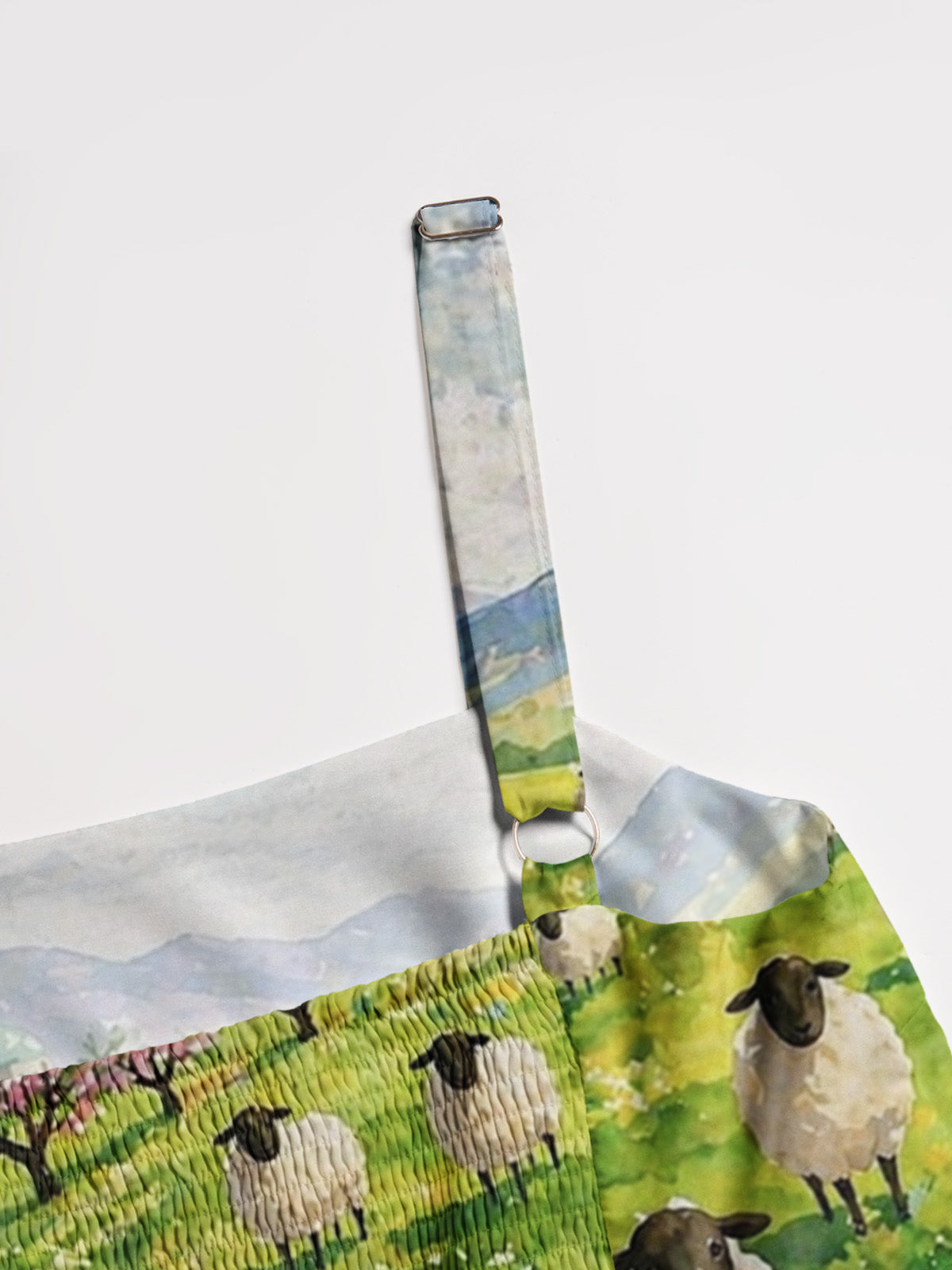 Spring Meadow Sheep and Blossoms Landscape Print Wide Straps Maxi Dress With Pockets