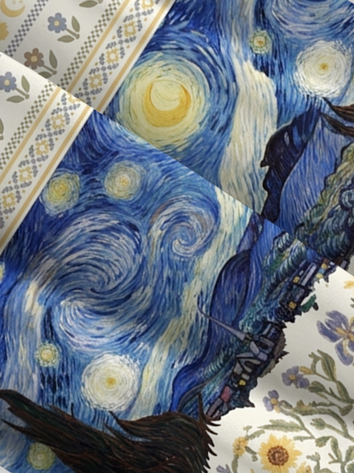 Starry Night Flower Field Print Wide Straps Maxi Dress With Pockets
