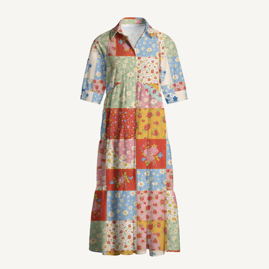 V Neck Collared Vintage Flower Print Quilt Print Casual Midi Dress With Pockets