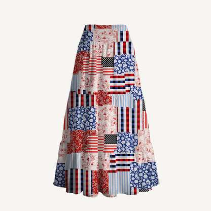 Patriotic Patchwork Quilt Print Convertible Maxi Skirt & Strapless Dress