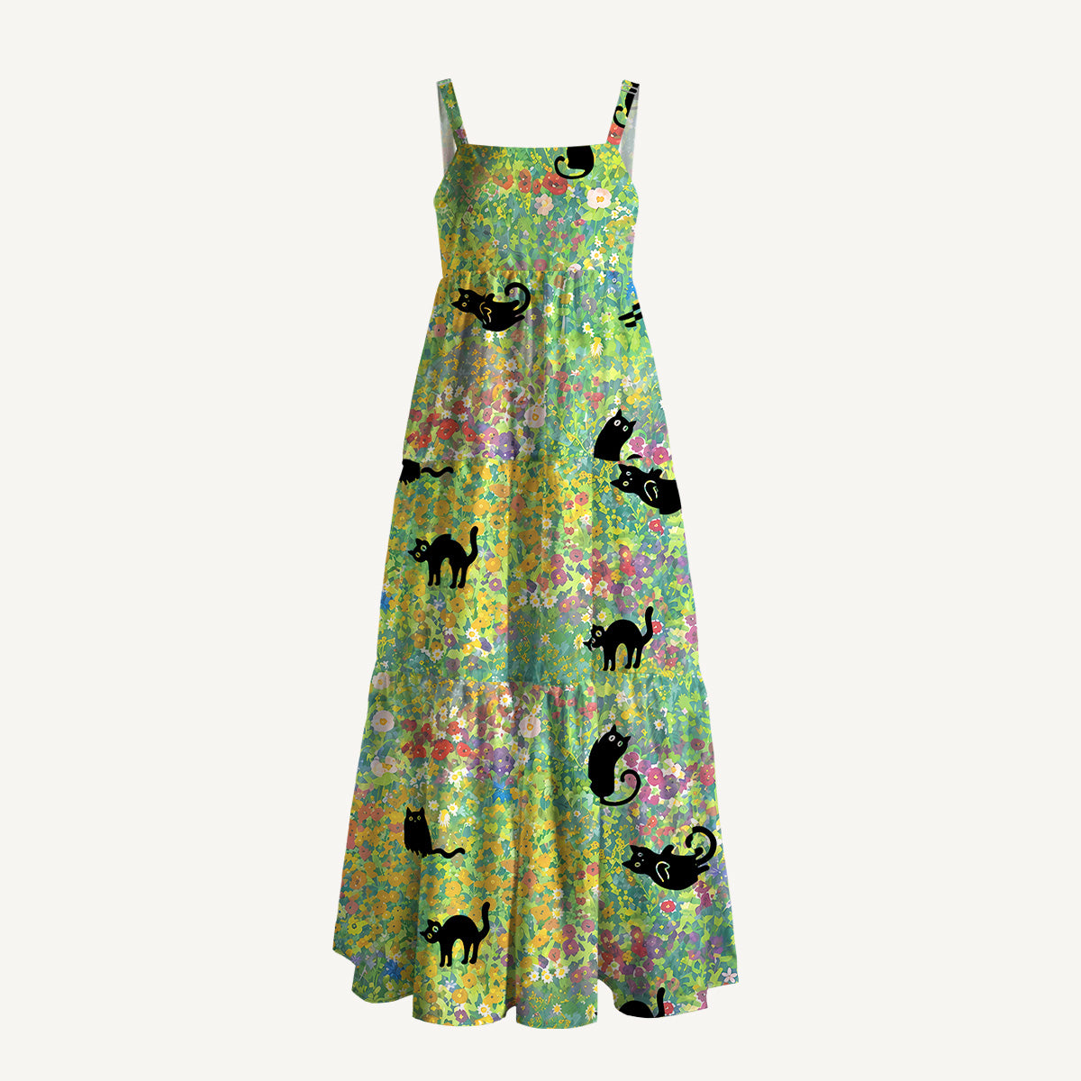 Square Neck Wildflower Garden Black Cat Print Wide Straps Maxi Dress With Pockets