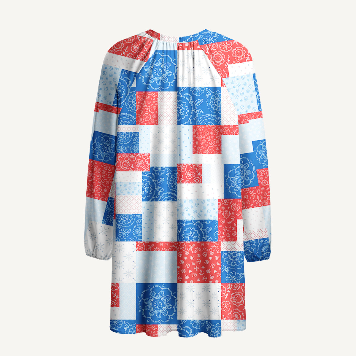 Patriotic Patchwork Print Boho Long Sleeve Tie‑Neck Smock Mini Dress