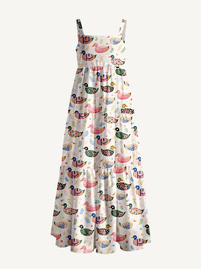 Whimsical Floral Ducks Print Wide Straps Maxi Dress With Pockets