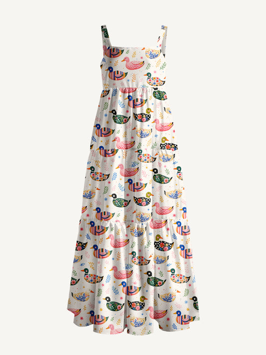 Whimsical Floral Ducks Print Wide Straps Maxi Dress With Pockets