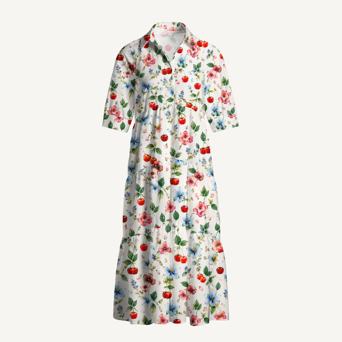 V Neck Collared Cherry & Floral Print Casual Midi Dress With Pockets