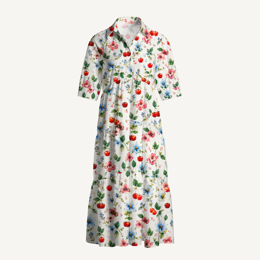 V Neck Collared Cherry & Floral Print Casual Midi Dress With Pockets
