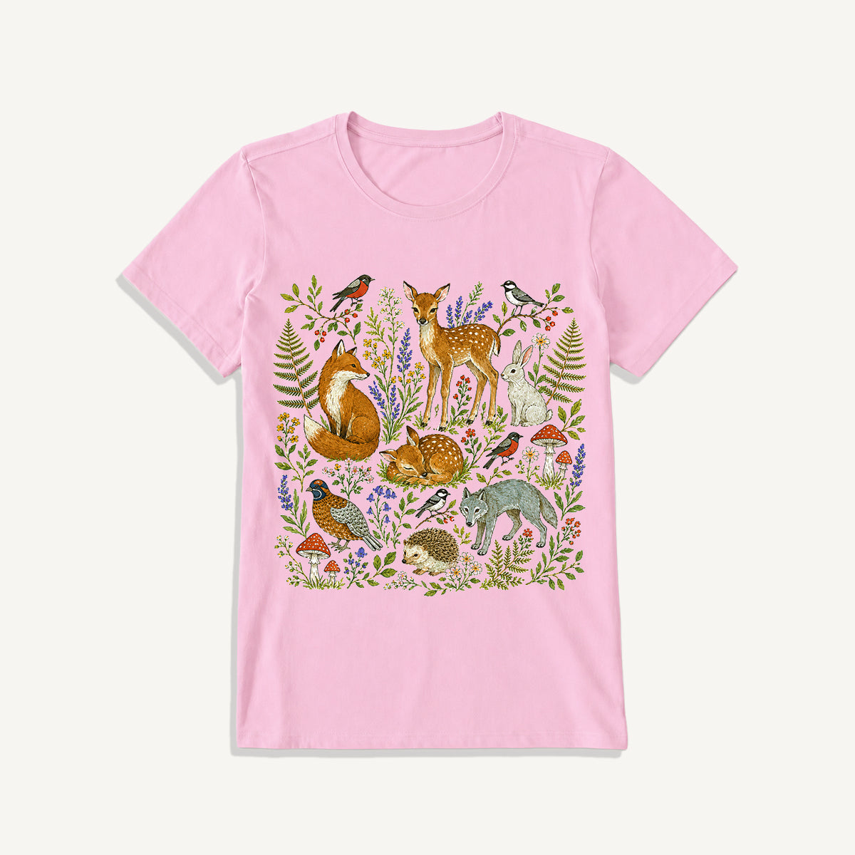 Woodland Garden Friends Print Crew Neck Cotton Tee