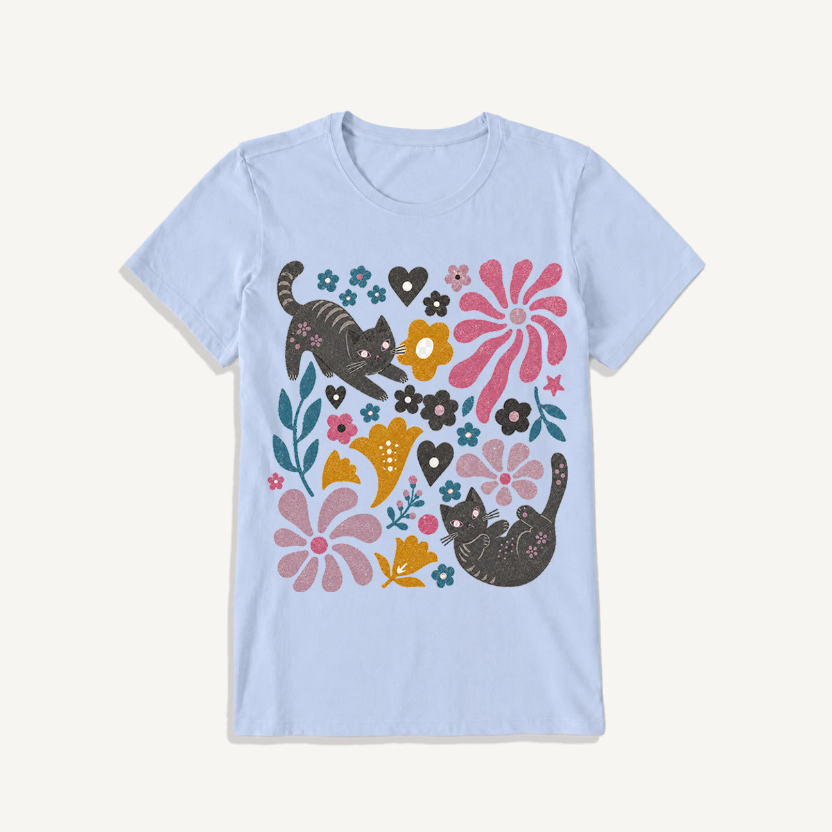 Floral Kitty Days Print Crew Neck Cotton Tee