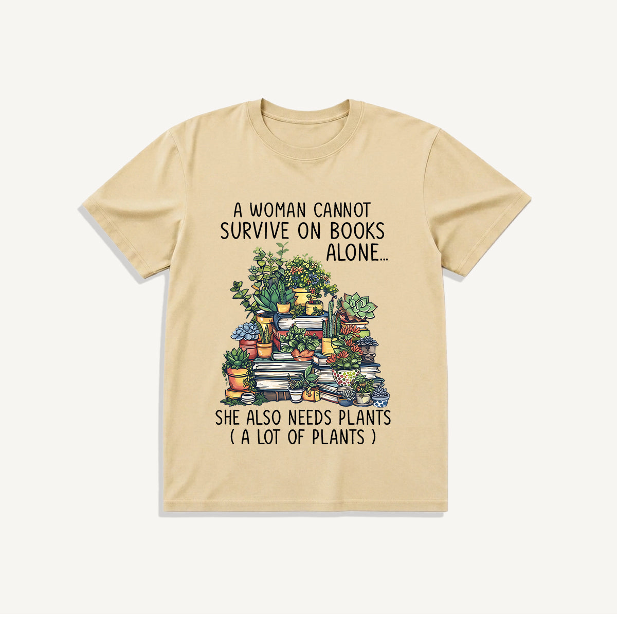 Books and Potted Plants Print Crew Neck Cotton Tee