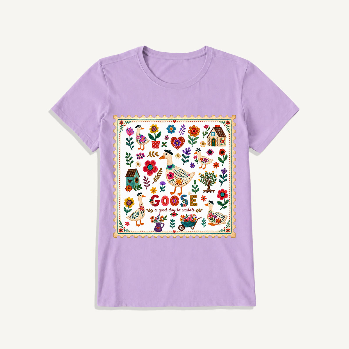 Floral Goose Garden Print Crew Neck Cotton Tee