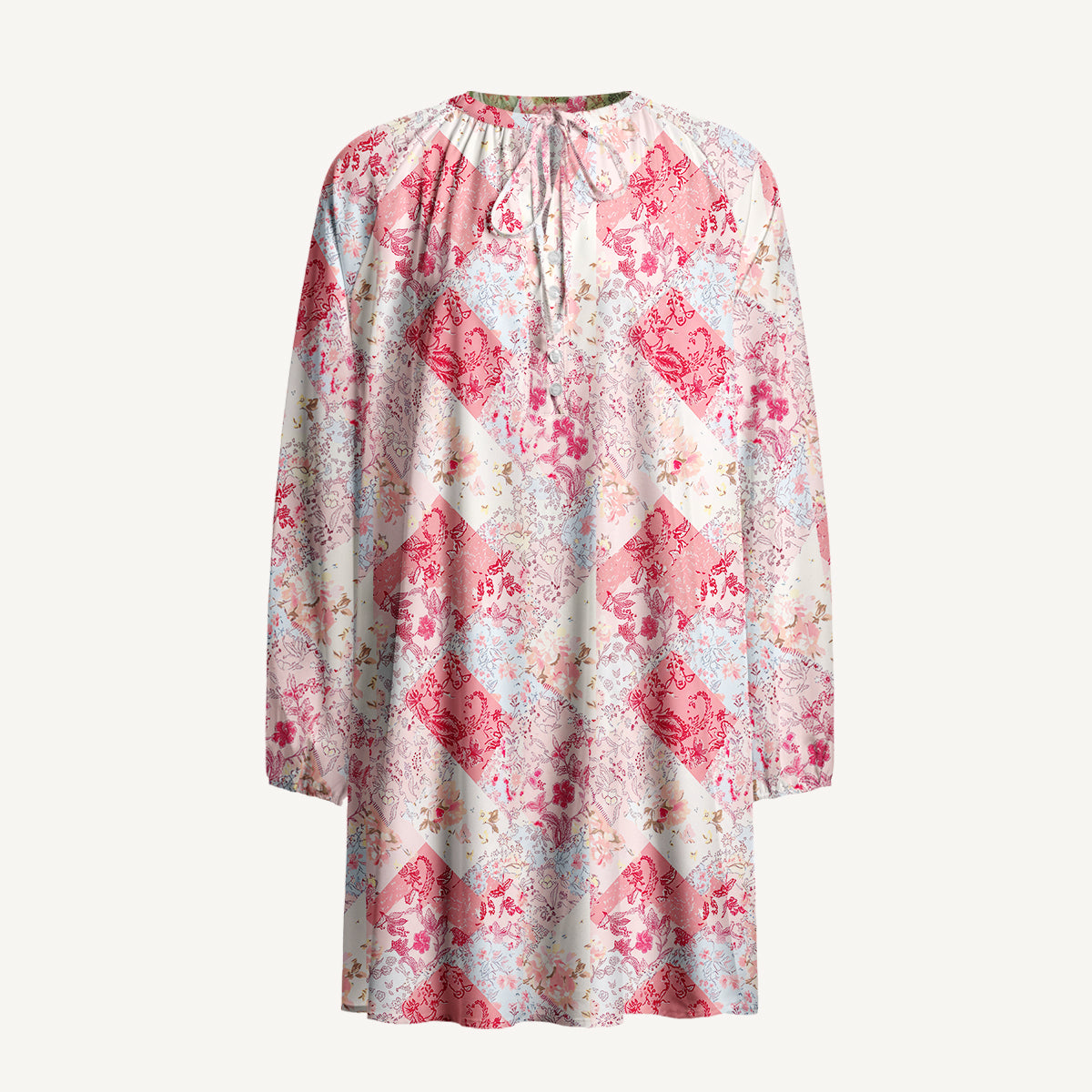 Shabby Chic Floral Patchwork Print Boho Tie‑Neck Smock Mini Dress