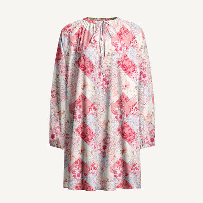 Shabby Chic Floral Patchwork Print Boho Tie‑Neck Smock Mini Dress