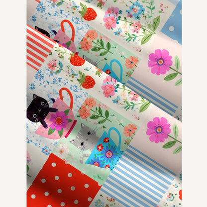 Teatime Kitty Patchwork Print Wide Straps Maxi Dress With Pockets