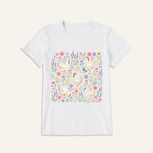 Blooming White Chicken Meadow Print Crew Neck Cotton Tee