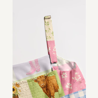 Pastel Patchwork Farmyard Print Wide Straps Maxi Dress With Pockets