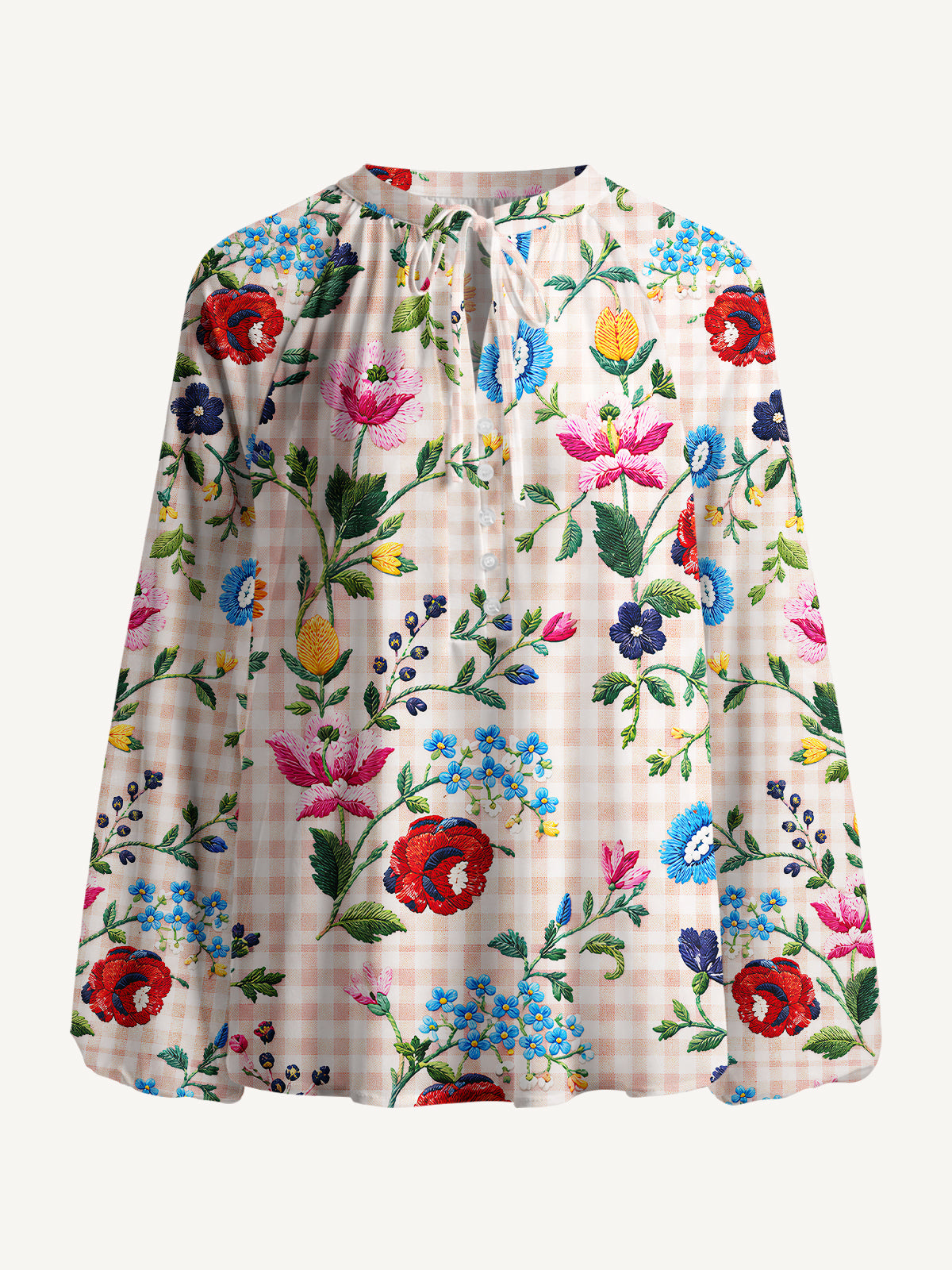 Embroidered Meadow Gingham Print Boho Long Sleeve Tie‑Neck Blouse