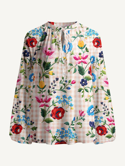 Embroidered Meadow Gingham Print Boho Long Sleeve Tie‑Neck Blouse