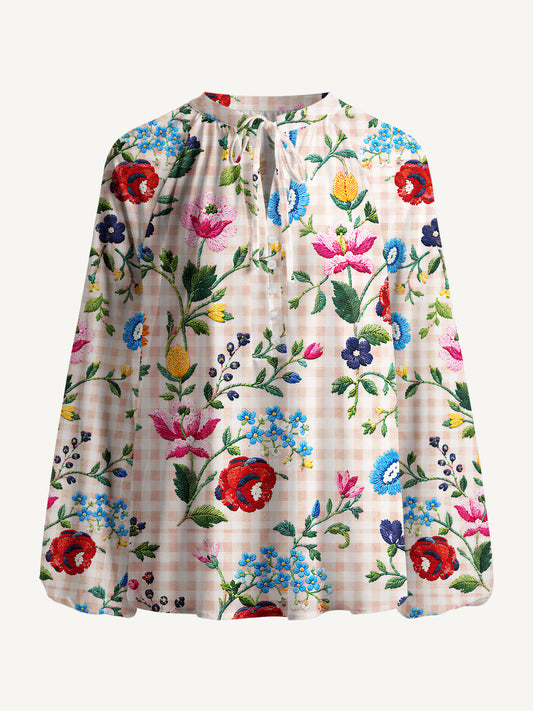 Embroidered Meadow Gingham Print Boho Long Sleeve Tie‑Neck Blouse