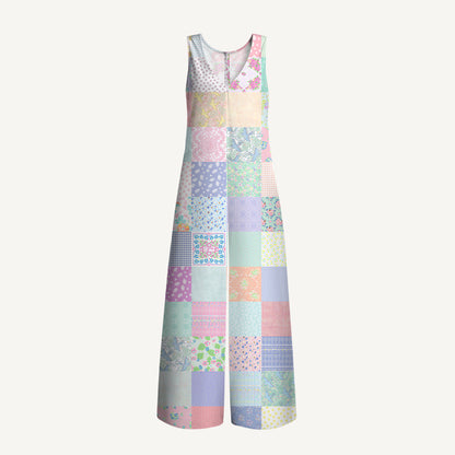 Vintage Quilt Patchwork Print Boho Jumpsuit with Pockets for Women
