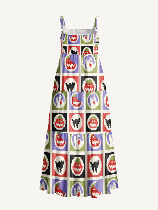 Pixel Halloween Party Patchwork Print Wide Straps Maxi Dress With Pockets
