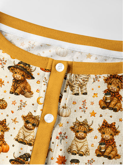 Lightweight Crew Neck Long‑Sleeve Cropped Spooky Highland Cows Print Fine‑Knit Cardigan