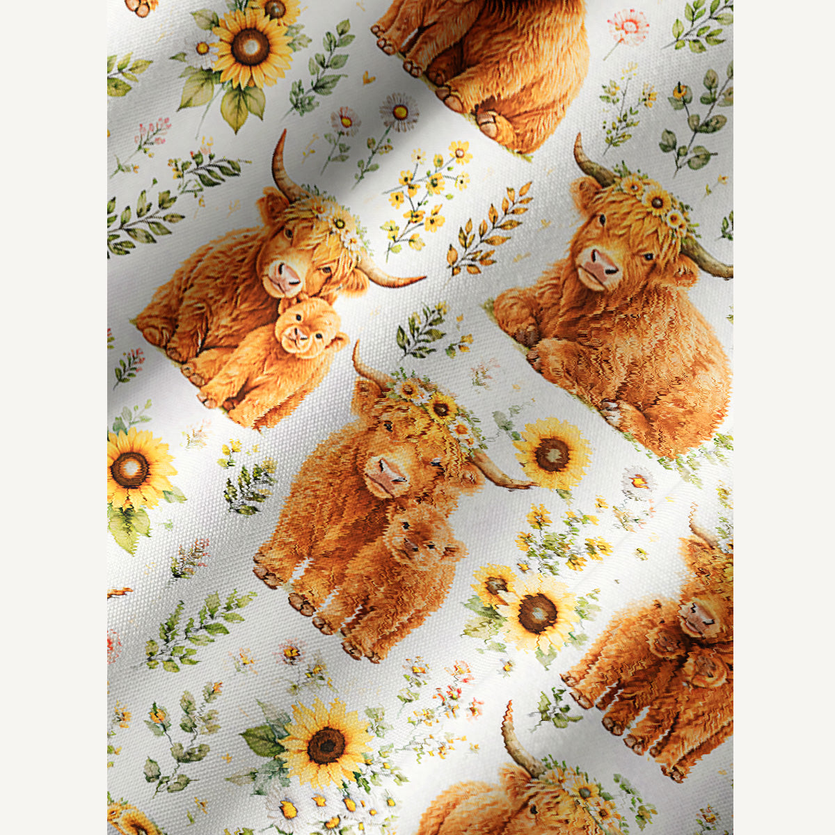Spring Highland Cow Floral Print Boho Tie‑Neck Smock Mini Dress
