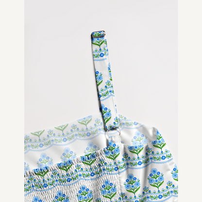 Square Neck Azure Folk Print Wide Straps Maxi Dress With Pockets