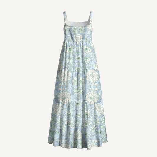 Square Neck Mist Floral Print Wide Straps Maxi Dress With Pockets