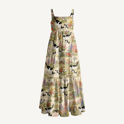 Farmyard Cat Family Print Wide Straps Maxi Dress With Pockets