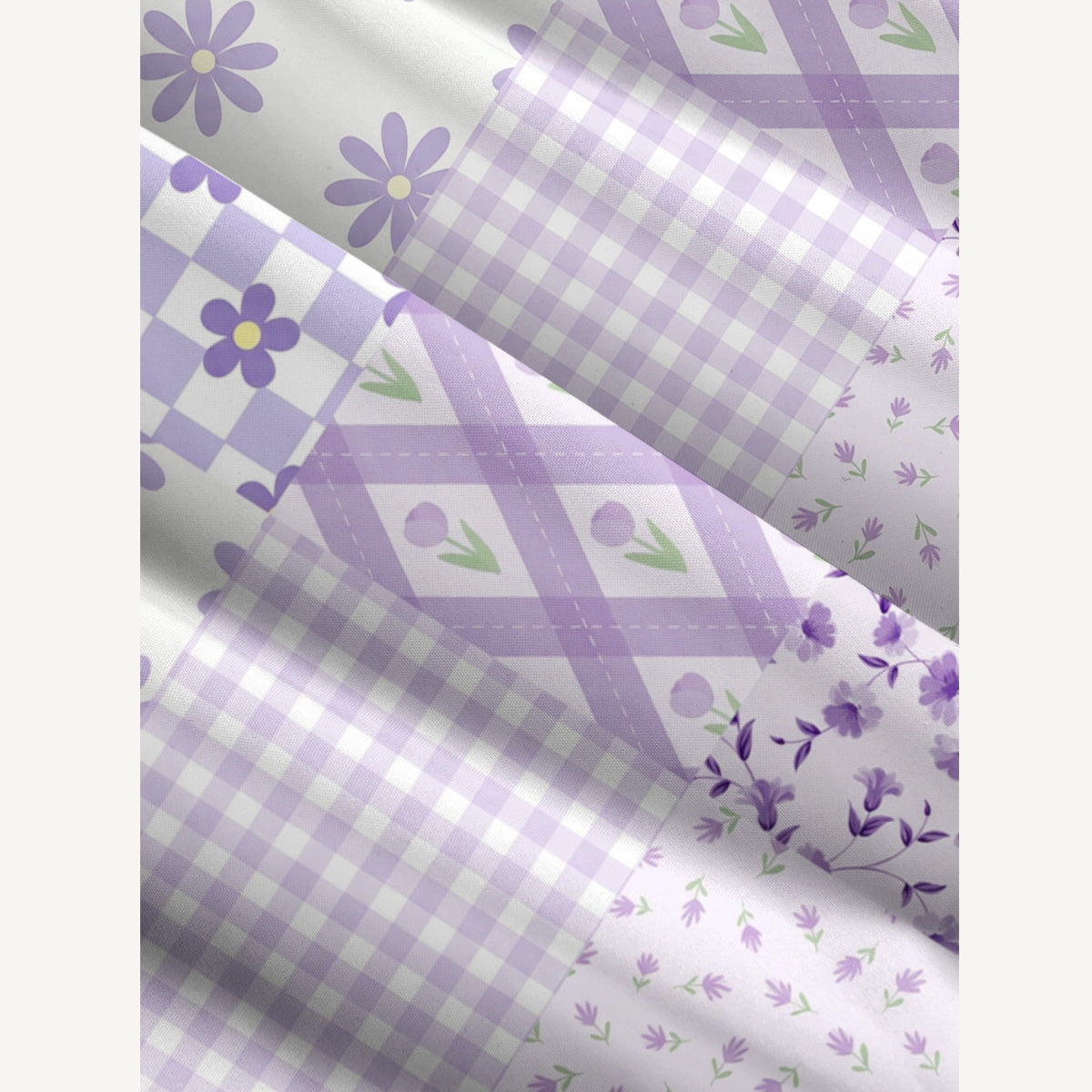 Lavender Daisy & Gingham Print Quilt Wide Straps Maxi Dress With Pockets
