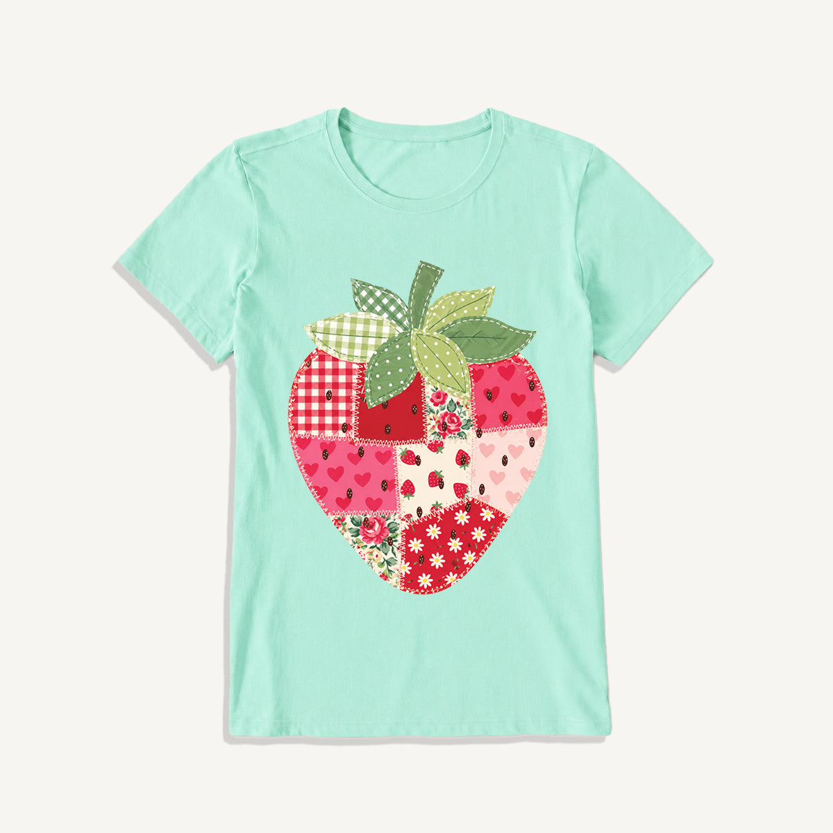 Folk Patchwork Strawberry Print Crew Neck Cotton Tee