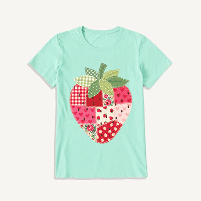 Folk Patchwork Strawberry Print Crew Neck Cotton Tee