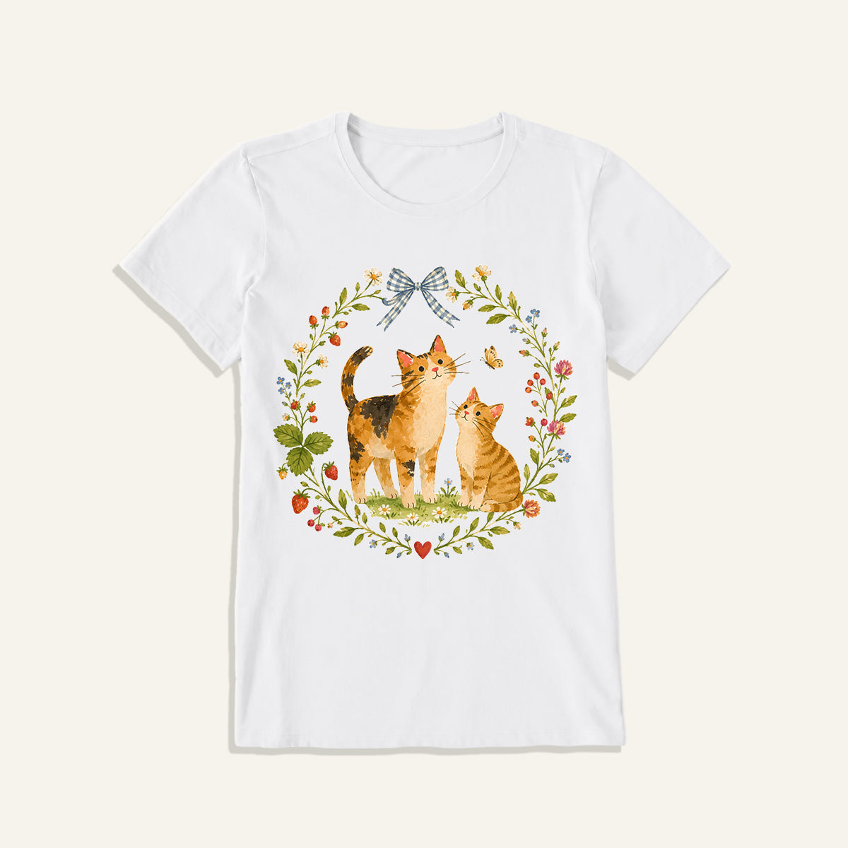 Strawberry Garden Cats Print Crew Neck Cotton Tee