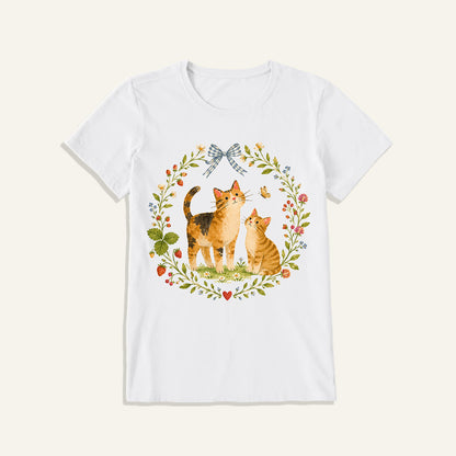 Strawberry Garden Cats Print Crew Neck Cotton Tee