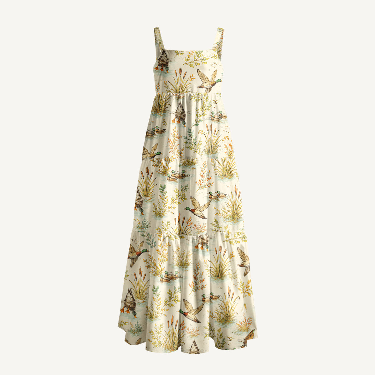 Duck Hunting Marsh Print Wide Straps Maxi Dress With Pockets