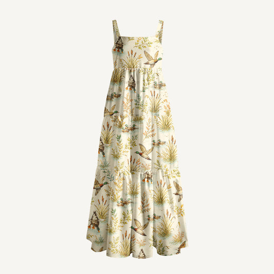 Duck Hunting Marsh Print Wide Straps Maxi Dress With Pockets