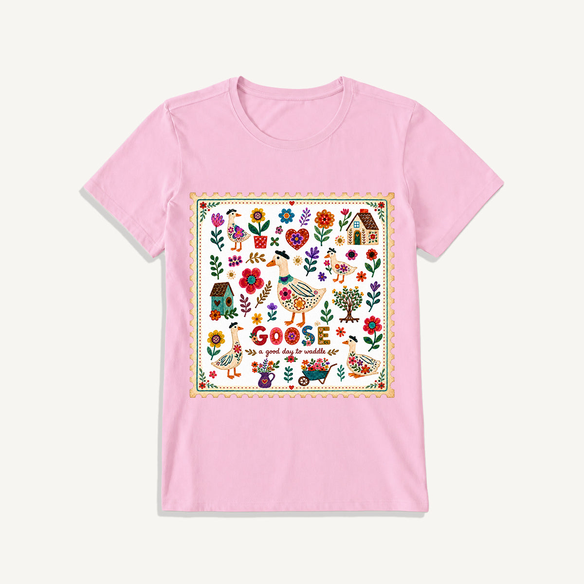 Floral Goose Garden Print Crew Neck Cotton Tee