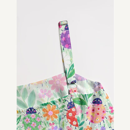 Happy Ladybug Floral Print Wide Straps Maxi Dress With Pockets