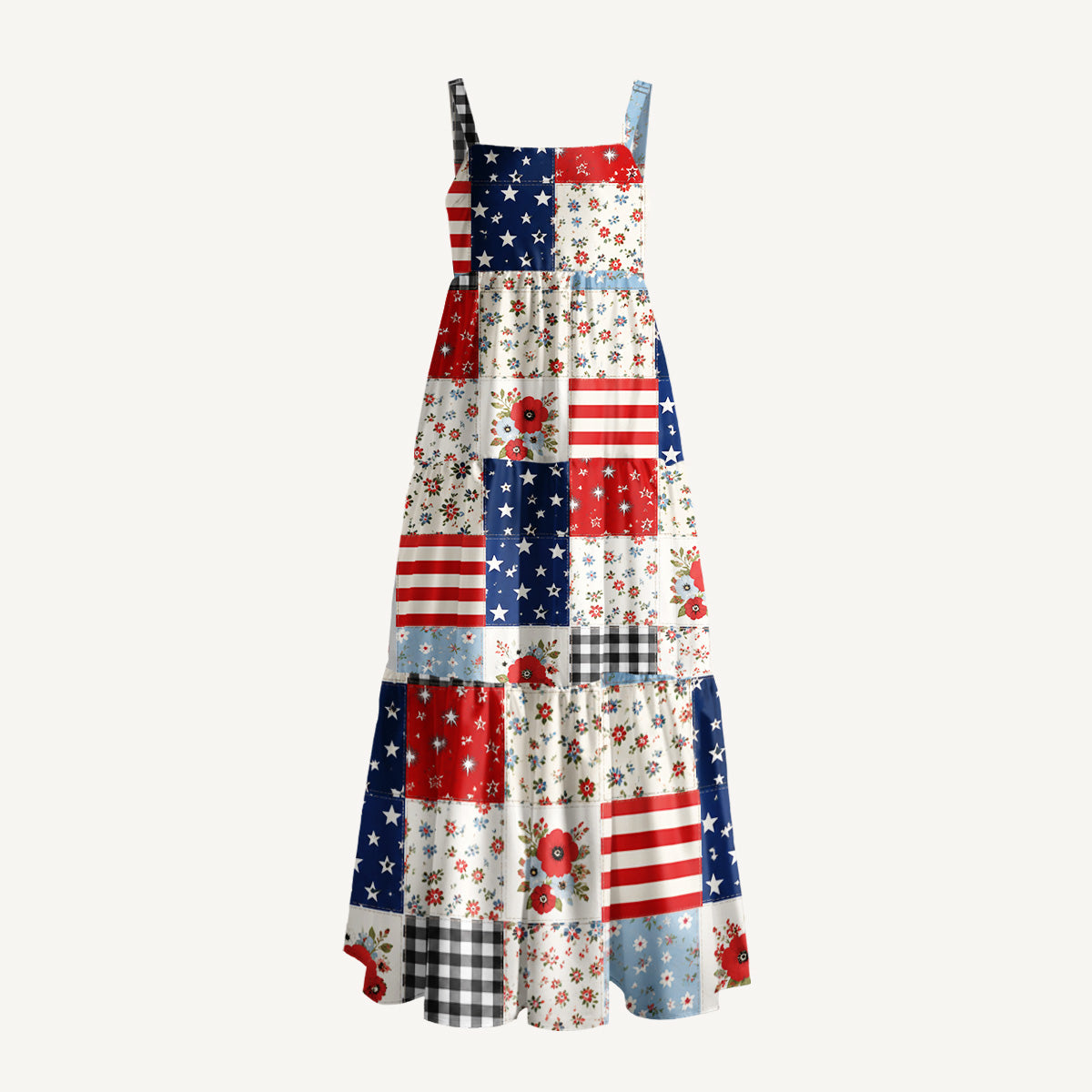 Flower Americana Patchwork Print Wide Straps Maxi Dress With Pockets