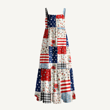 Flower Americana Patchwork Print Wide Straps Maxi Dress With Pockets