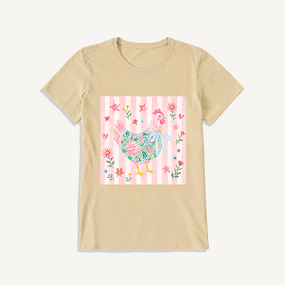 Cozy Floral Hen Nook Print Crew Neck Cotton Tee