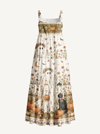 Garden Pumpkin Cat & Ghost Print Wide Straps Maxi Dress With Pockets