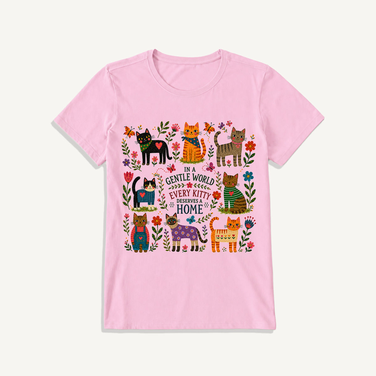 Gentle World Kitty Garden Print Crew Neck Cotton Tee