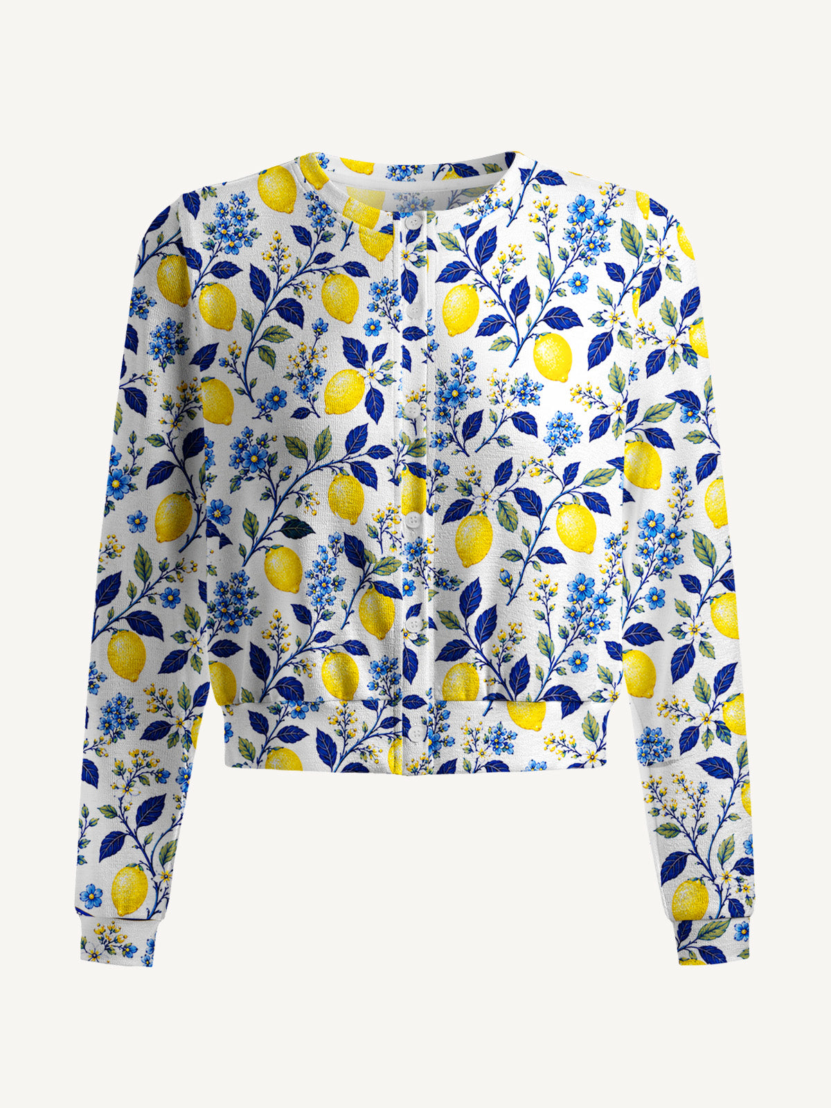 Lightweight Crew Neck Long‑Sleeve Cropped Blue Lemon Floral Print Fine‑Knit Cardigan