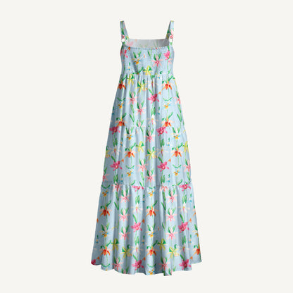 Colourful Orchid Print Wide Straps Maxi Dress With Pockets