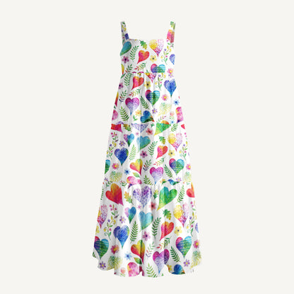 Colorful Doodle Love Pattern Print Wide Straps Maxi Dress With Pockets