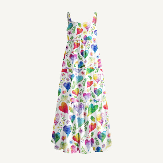 Colorful Doodle Love Pattern Print Wide Straps Maxi Dress With Pockets